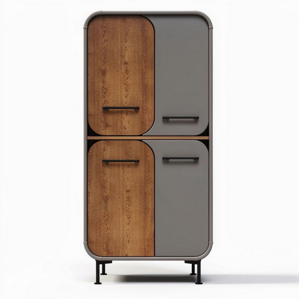 Houten keukenkast met metalen handgrepen in grijs en bruin 180 x 90 x 45cm