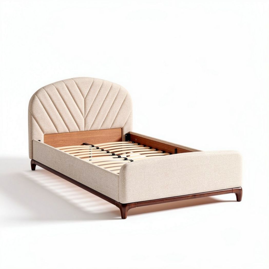 Een bed met gestoffeerde hoofdbord en houten lattenbodem 190 x 90 x 80cm