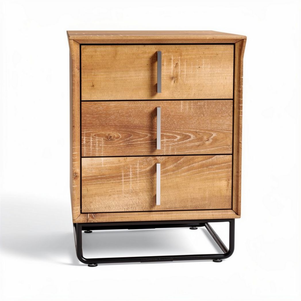 Houten nachtkast met 3 lades en metalen onderstel 40 x 40 x 70cm