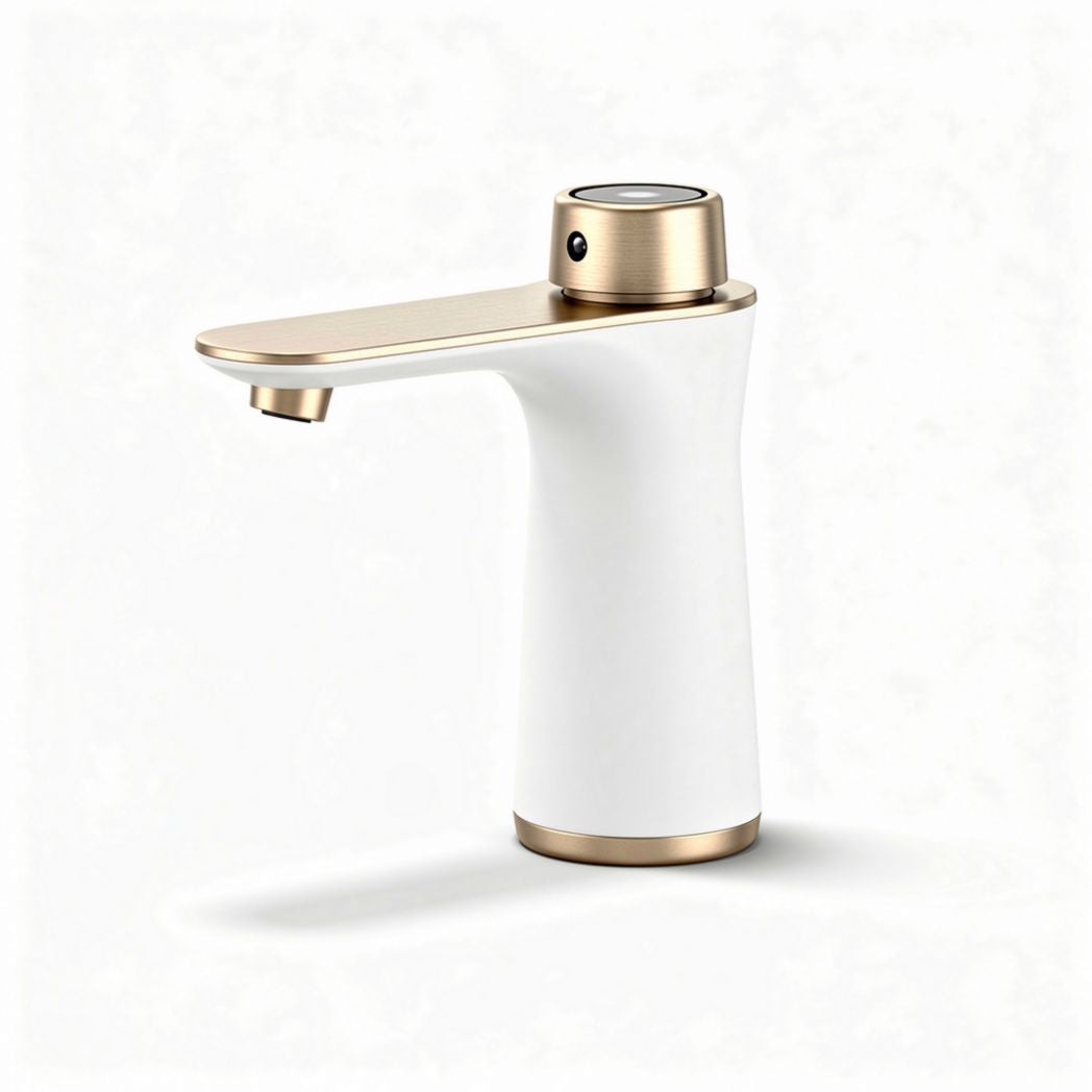 Witte elektronische kraan met gouden details voor lavabo 15 x 10 x 25 cm