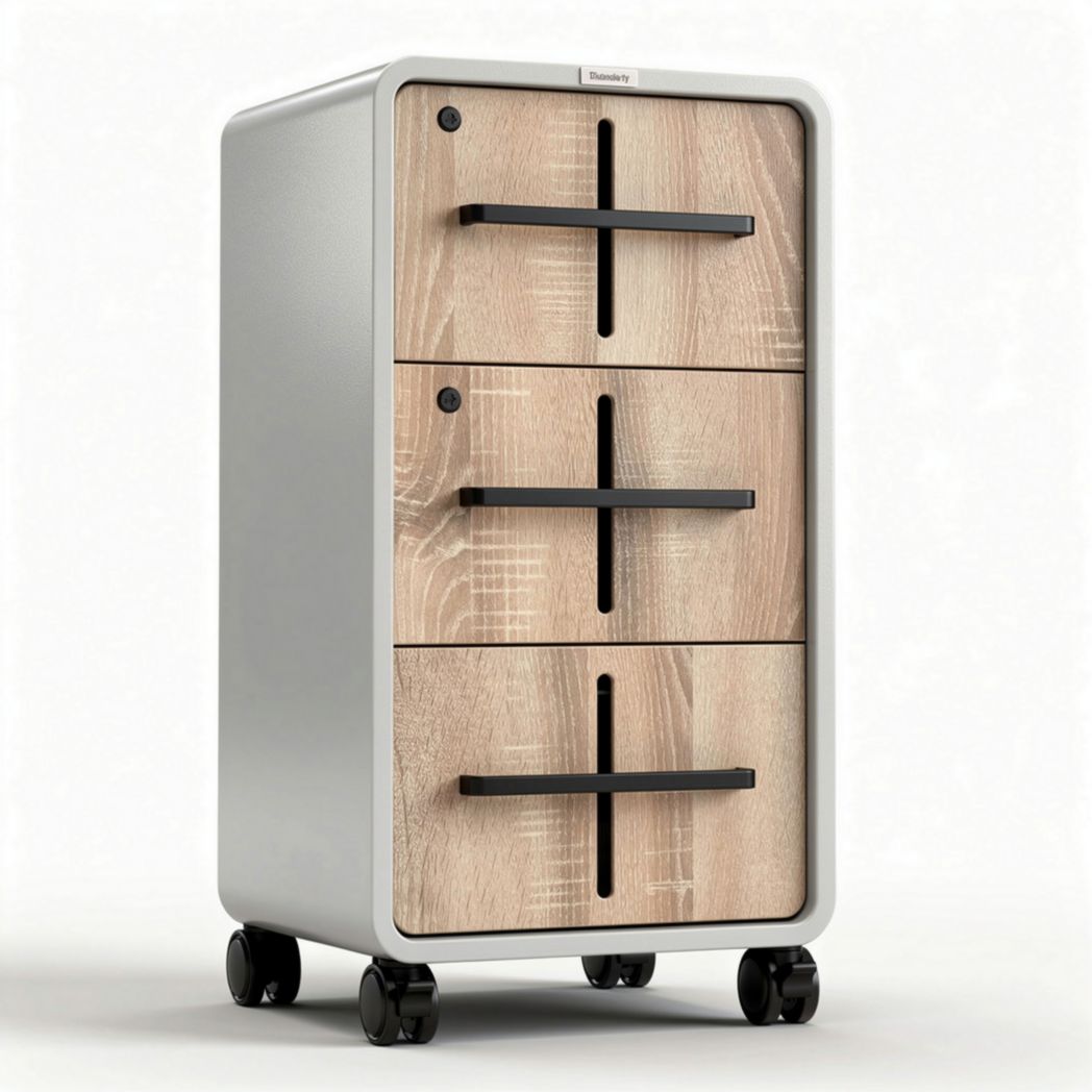 Roldeurkast met drie lades in houtlook 45 x 35 x 60cm grijs en zwart