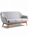 Grijs stoffen bank met houten poten en afmetingen van 180 x 80 x 85cm