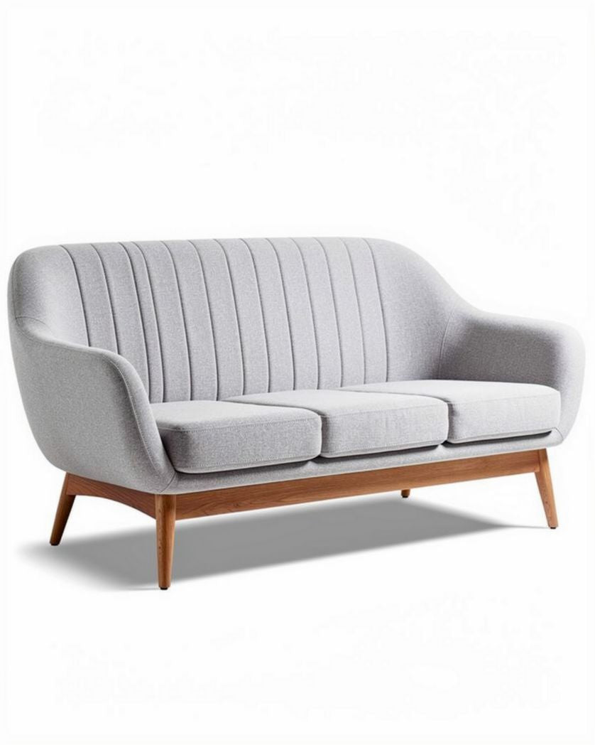 Grijs stoffen bank met houten poten en afmetingen van 180 x 80 x 85cm
